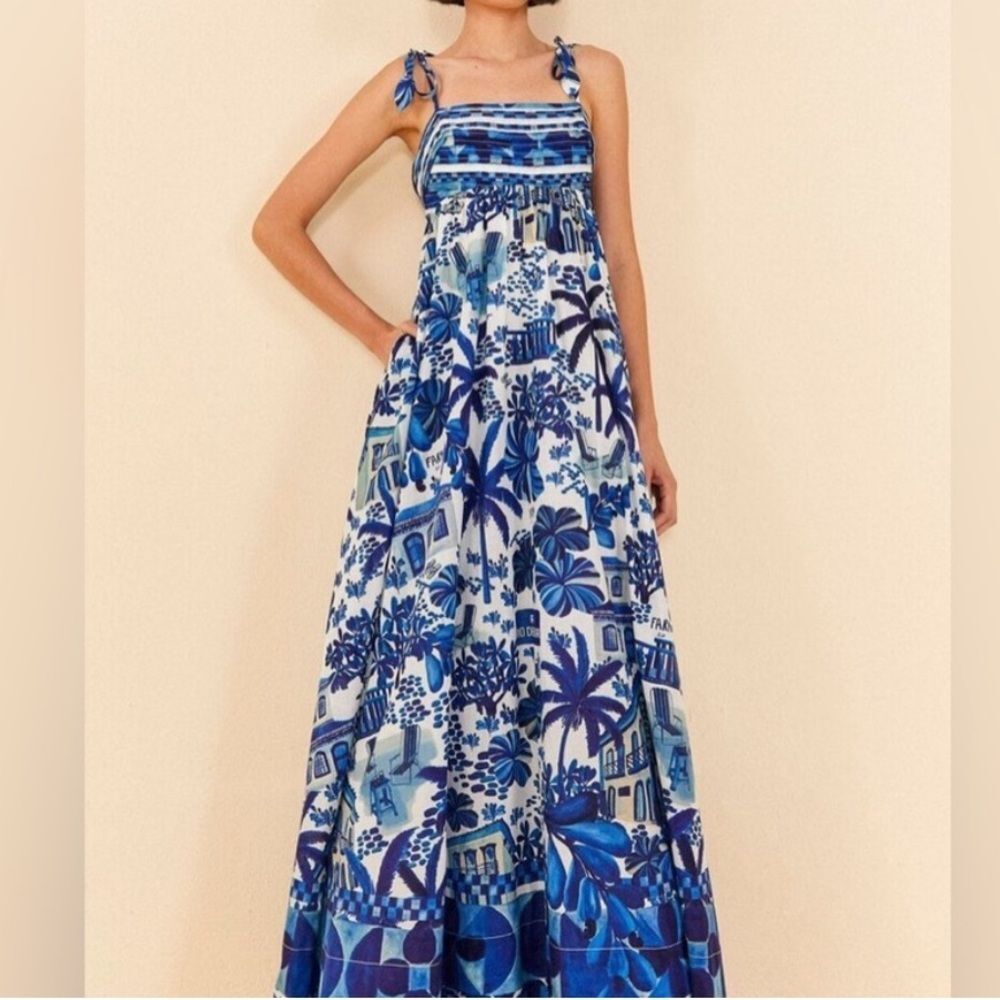 FARM RIO Sweet Rio MEDIUM Maxi Dress open back tie up blue white floral tropical - Picture 3 of 10